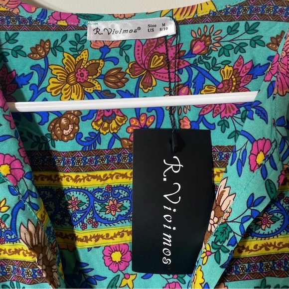 R. Vivimos Size M Floral Pastel Aqua Bohemian Flowy Midi Dress - Picture 4 of 5